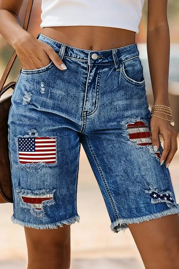 Mina - Denim bermudashort met Amerikaanse vlag