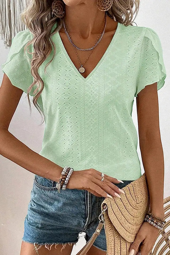 T-shirt met V-hals en bloemmouwen