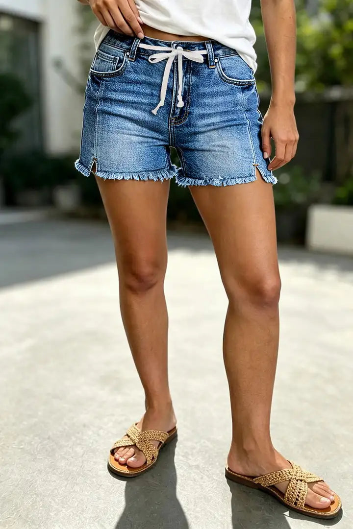 Mina - Gewassen denim broek met trekkoord