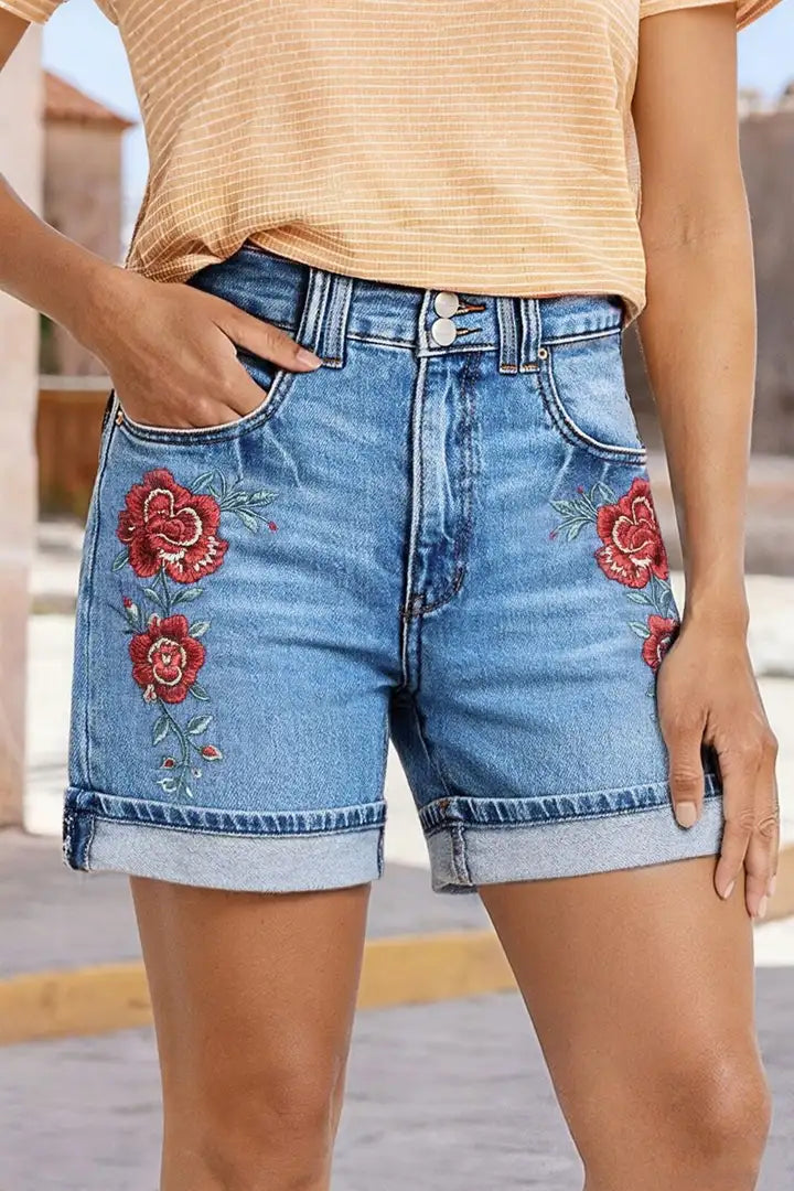 Lira - Denim broek met bloemenborduursel