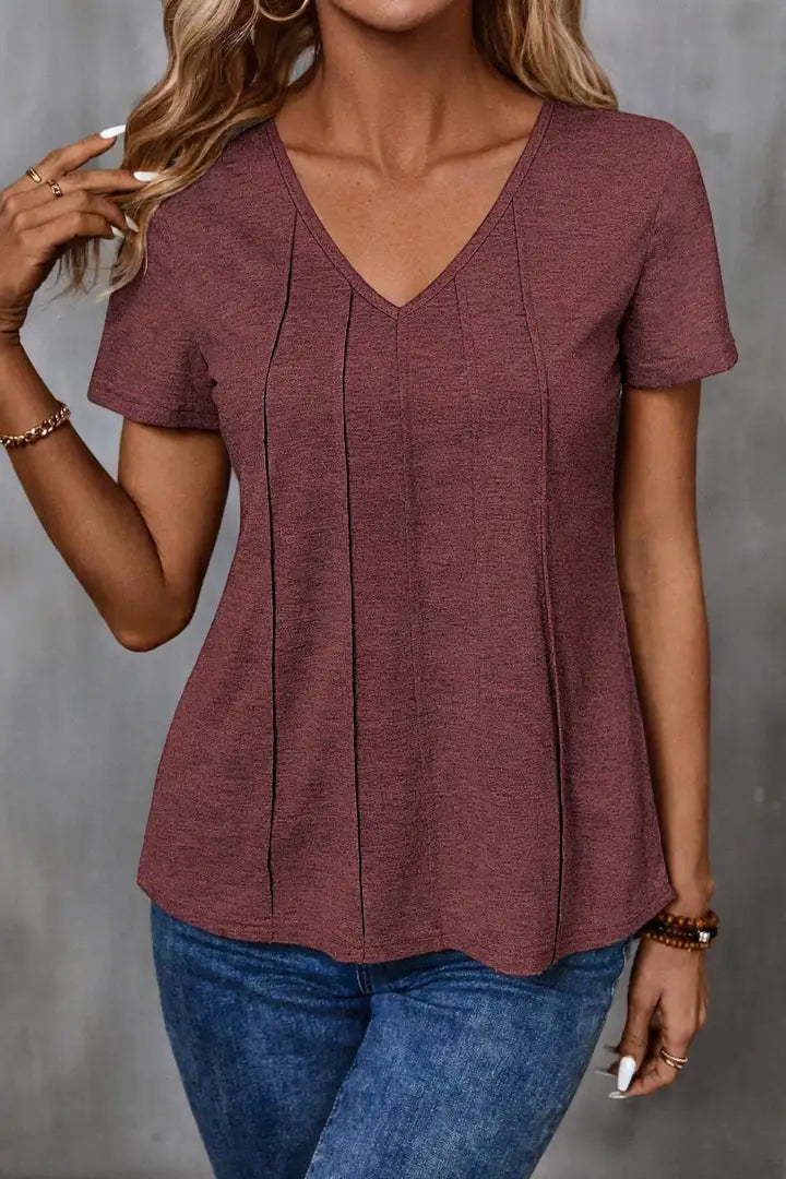 Geplooid T-shirt met V-hals en korte mouwen