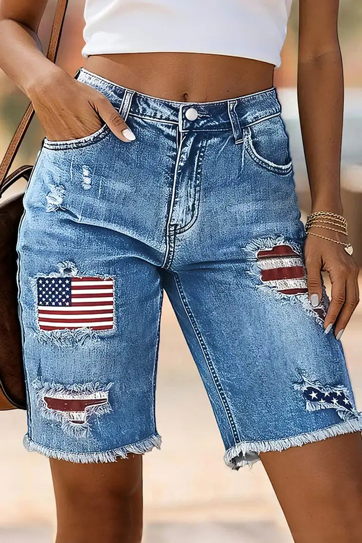 Mina - Denim bermudashort met Amerikaanse vlag