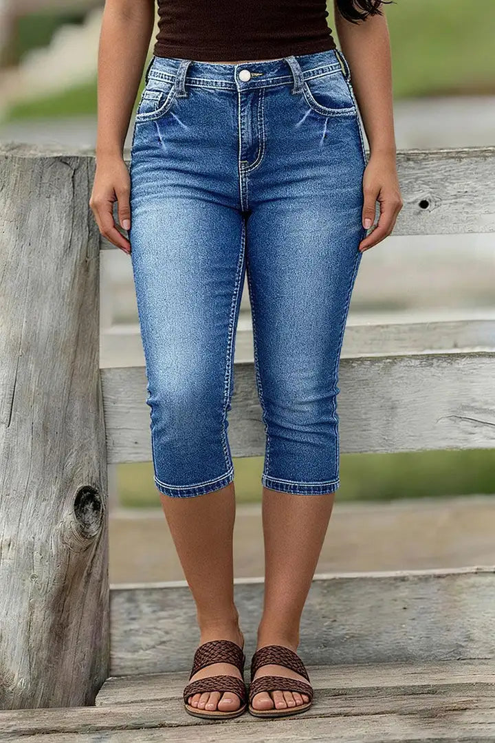 Nora  - Skinny capri broek met geborduurde bloemenprint