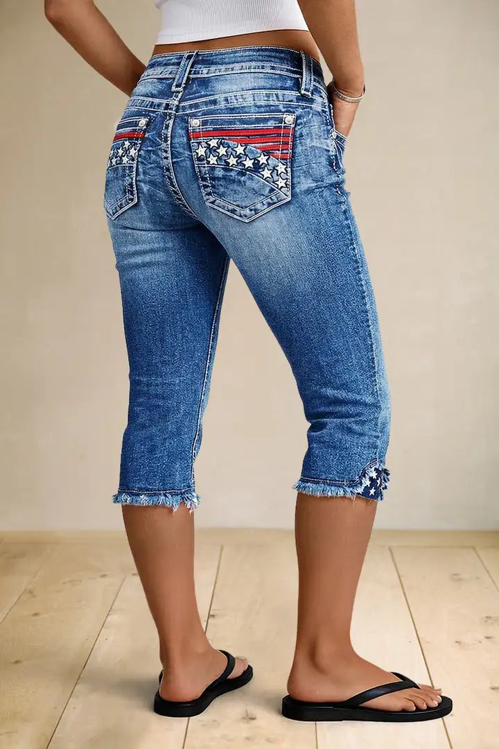 Sira - Capri jeans met strepen en sterrenborduurwerk