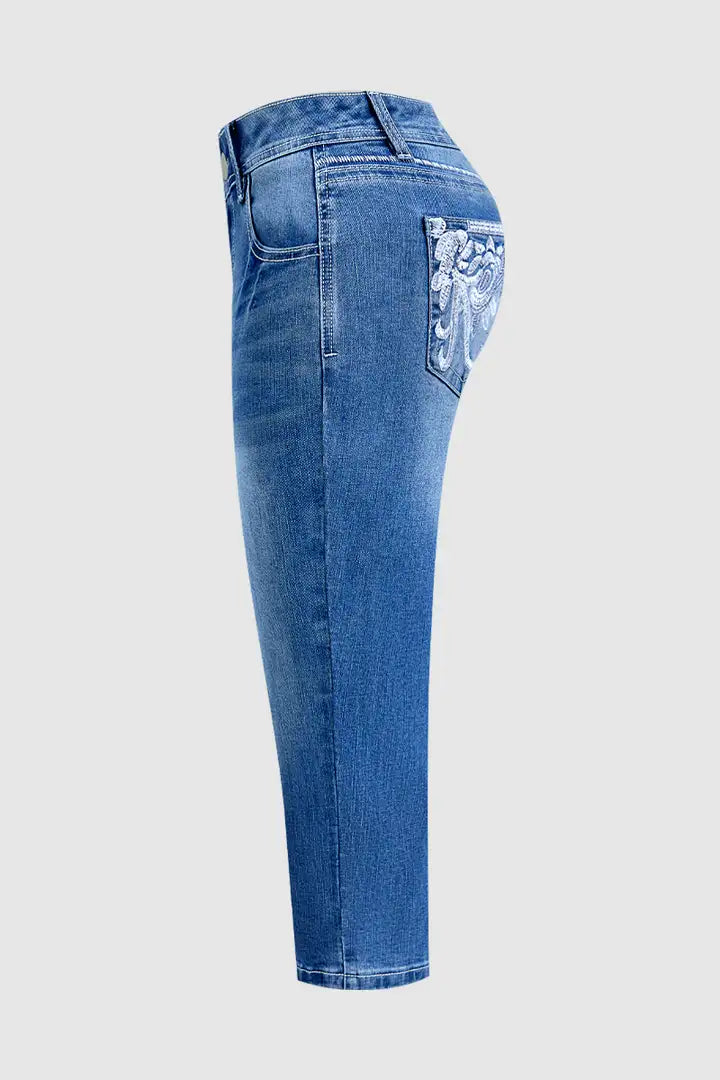 Nora  - Skinny capri broek met geborduurde bloemenprint