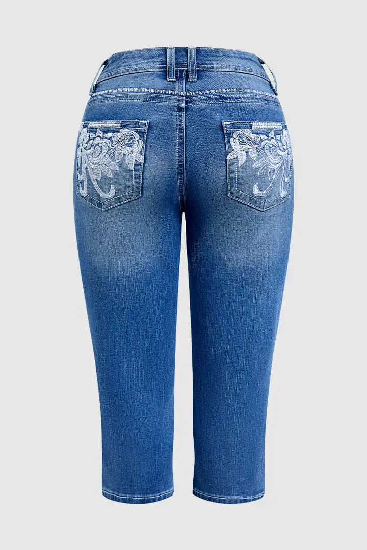 Nora  - Skinny capri broek met geborduurde bloemenprint