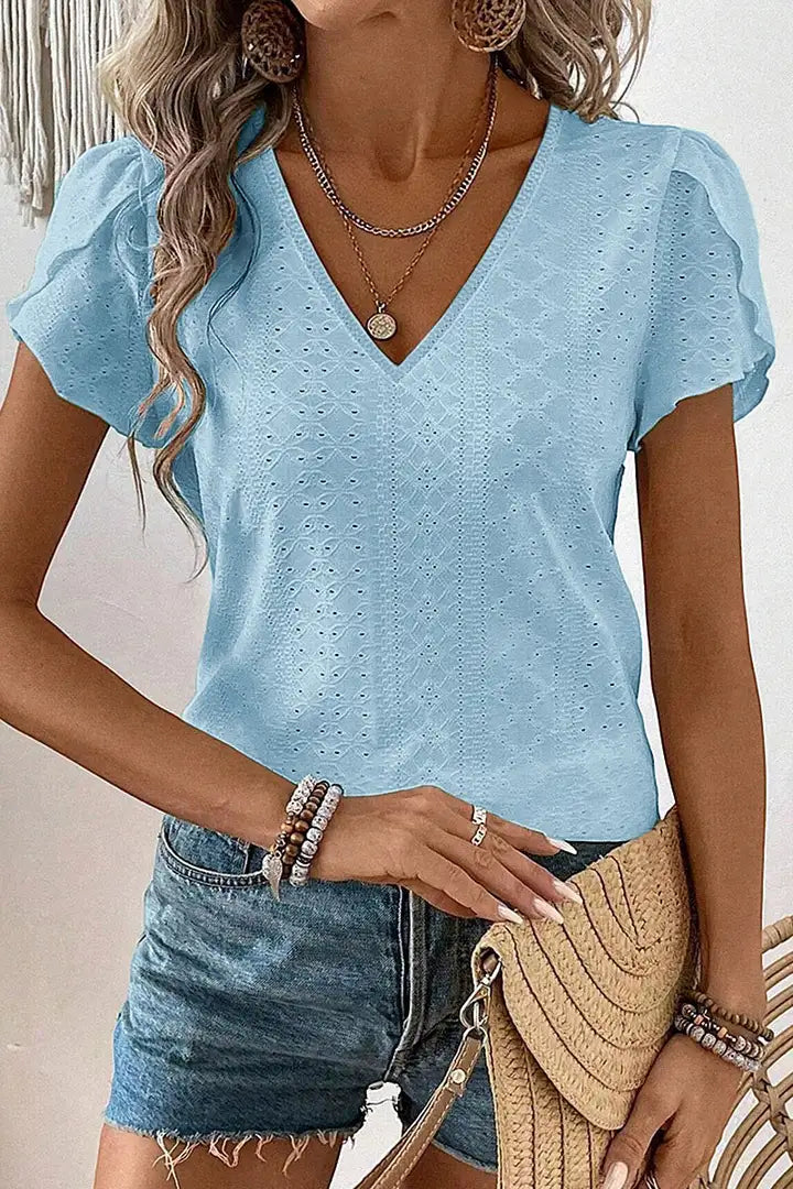 T-shirt met V-hals en bloemmouwen