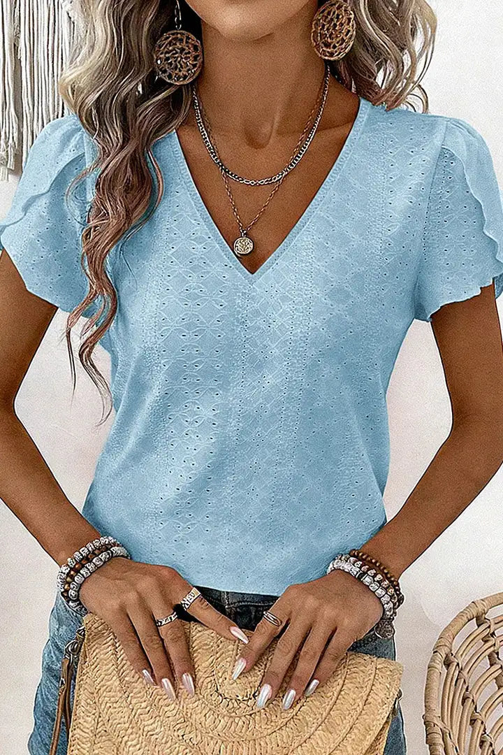 T-shirt met V-hals en bloemmouwen